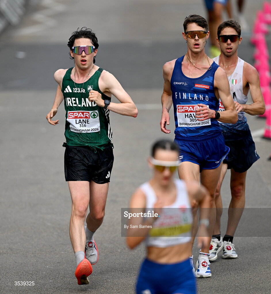 15 August 2026; Oisin Lane of Ireland competes in the men's marathon race walk during day six of the European Athletics Championships 2026 in Birmingham, England. Photo by Sam Barnes/Sportsfile