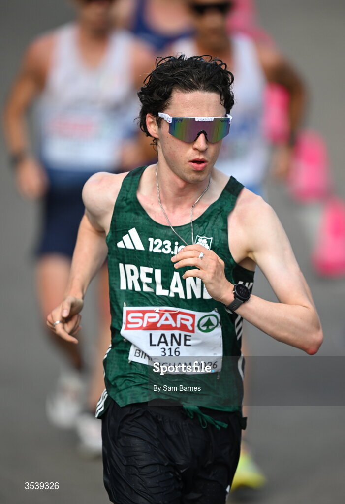 15 August 2026; Oisin Lane of Ireland competes in the men's marathon race walk during day six of the European Athletics Championships 2026 in Birmingham, England. Photo by Sam Barnes/Sportsfile