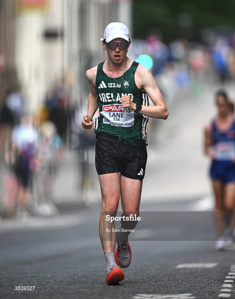 15 August 2026; Oisin Lane of Ireland competes in the men's marathon race walk during day six of the European Athletics Championships 2026 in Birmingham, England. Photo by Sam Barnes/Sportsfie