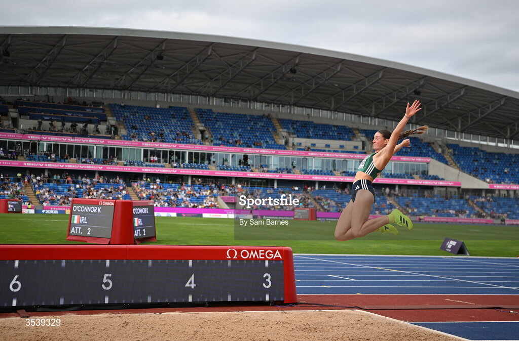 15 August 2026; Kate O’Connor of Ireland competes in the long jump event of the women’s heptathlon during day six of the European Athletics Championships 2026 at Alexander Stadium in Birmingham, England. Photo by Sam Barnes/Sportsfile