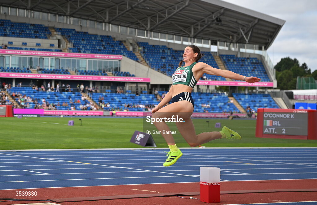 15 August 2026; Kate O’Connor of Ireland competes in the long jump event of the women’s heptathlon during day six of the European Athletics Championships 2026 at Alexander Stadium in Birmingham, England. Photo by Sam Barnes/Sportsfile