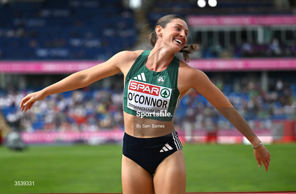 15 August 2026; Kate O’Connor of Ireland competes in the long jump event of the women’s heptathlon during day six of the European Athletics Championships 2026 at Alexander Stadium in Birmingham, England. Photo by Sam Barnes/Sportsfile