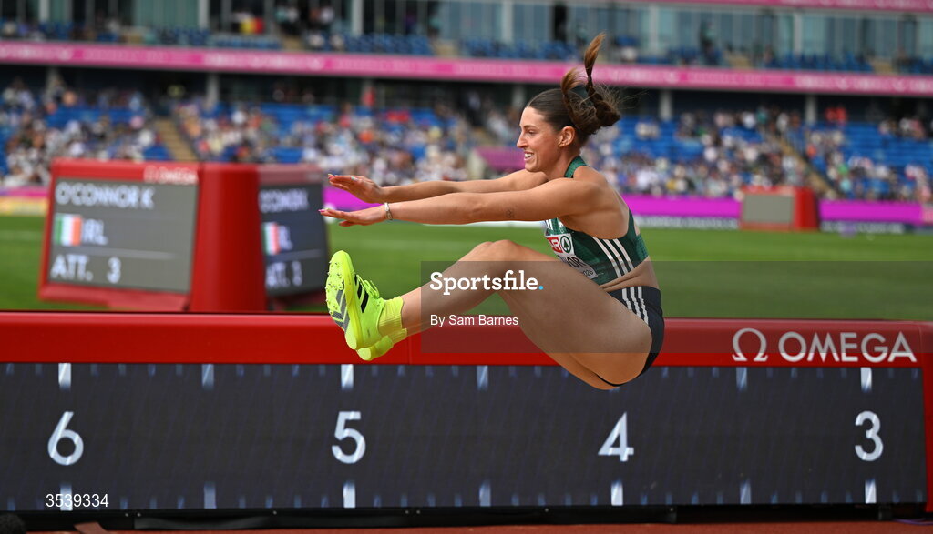 15 August 2026; Kate O’Connor of Ireland competes in the long jump event of the women’s heptathlon during day six of the European Athletics Championships 2026 at Alexander Stadium in Birmingham, England. Photo by Sam Barnes/Sportsfile