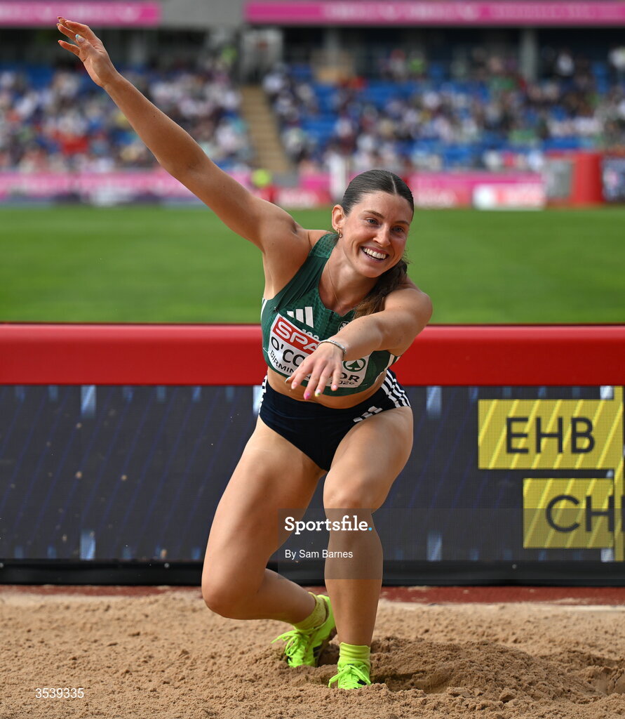 15 August 2026; Kate O’Connor of Ireland competes in the long jump event of the women’s heptathlon during day six of the European Athletics Championships 2026 at Alexander Stadium in Birmingham, England. Photo by Sam Barnes/Sportsfile