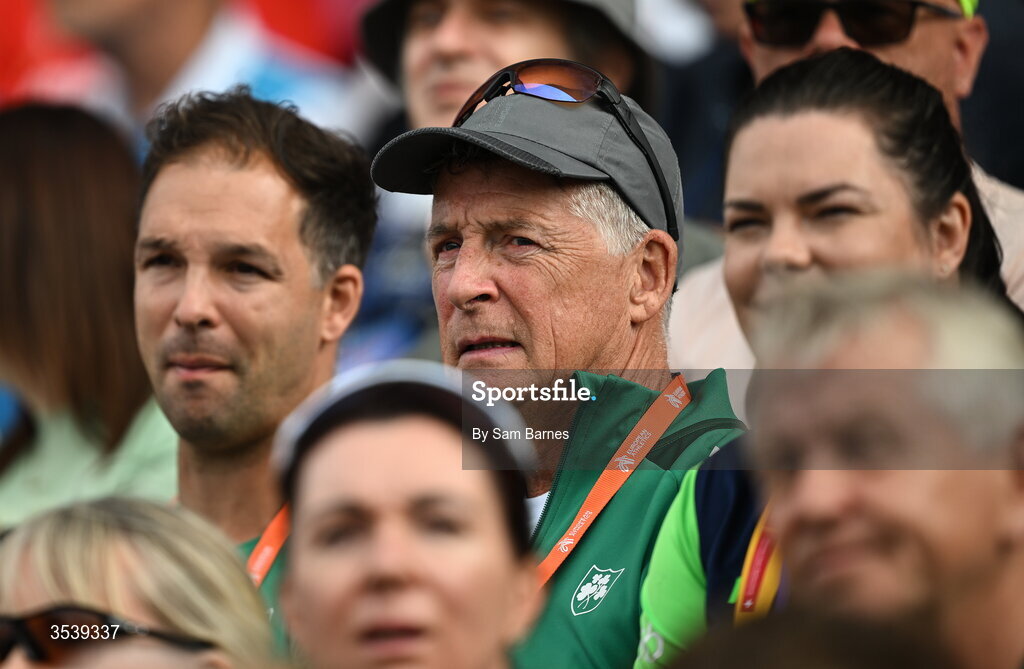 15 August 2026; Michael O'Connor, father and coach to Kate O’Connor of Ireland, watch on during the women’s heptathlon during day six of the European Athletics Championships 2026 at Alexander Stadium in Birmingham, England. Photo by Sam Barnes/Sportsfile