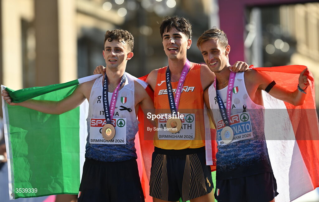 15 August 2026; Mens marathon race walk medallists, from left, third place Andrea Cosi of Italy, first place Paul McGrath of Spain, and second place Francesco Fortunato of Italy, during day six of the European Athletics Championships 2026 in Birmingham, England. Photo by Sam Barnes/Sportsfile