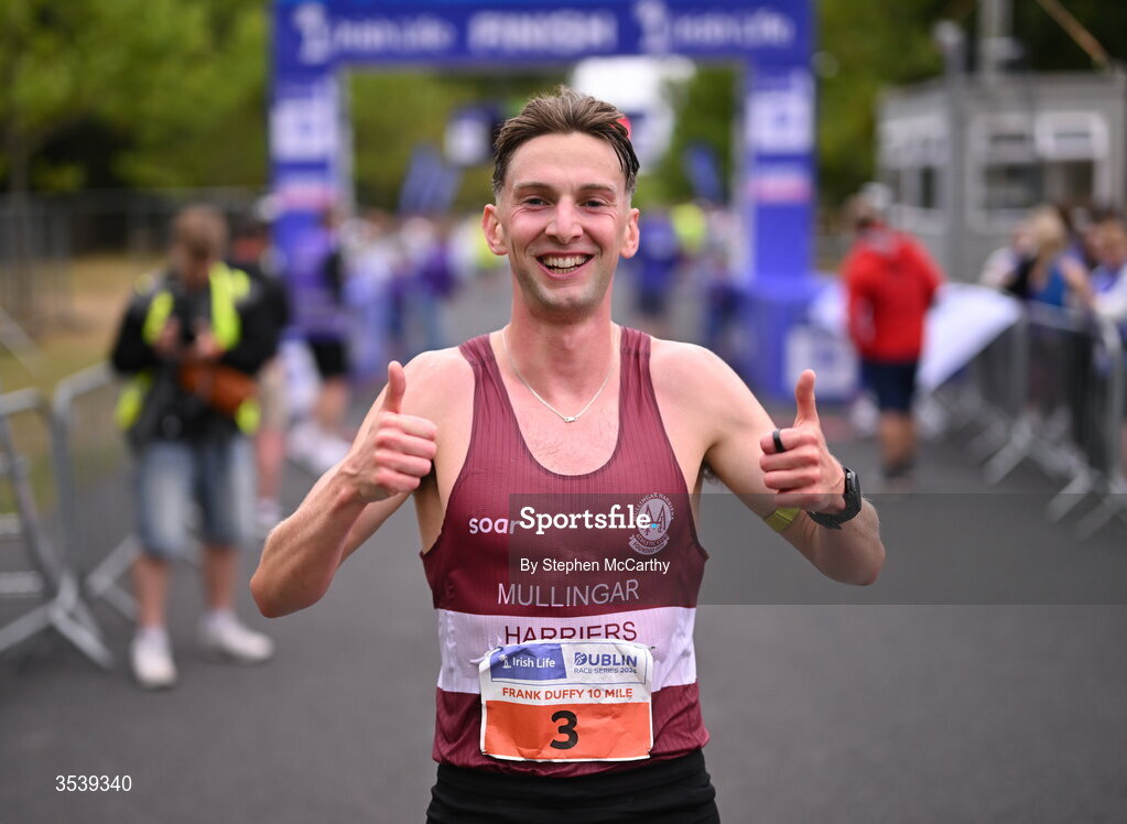 15 August 2026; Cormac Dalton of Mullingar Harriers AC celebrates after winning the the 2026 Irish Life Frank Duffy 10 Mile, in the Phoenix Park, Dublin. Thousands of runners took part in the sold out Irish Life Frank Duffy 10 Mile, the second event in the 2026 Irish Life Dublin Race Series. Photo by Stephen McCarthy/Sportsfile