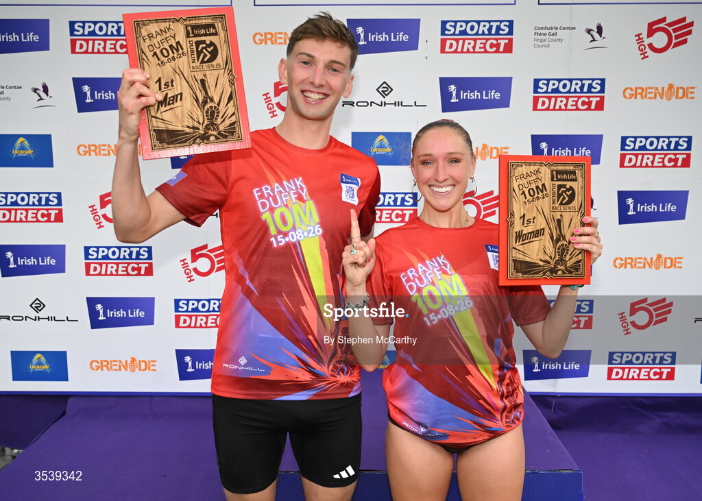 15 August 2026; Men's winner Cormac Dalton of Mullingar Harriers AC and women's winner Maebh Brannigan of Galway City Harriers AC after the 2026 Irish Life Frank Duffy 10 Mile, in the Phoenix Park, Dublin. Thousands of runners took part in the sold out Irish Life Frank Duffy 10 Mile, the second event in the 2026 Irish Life Dublin Race Series. Photo by Stephen McCarthy/Sportsfile