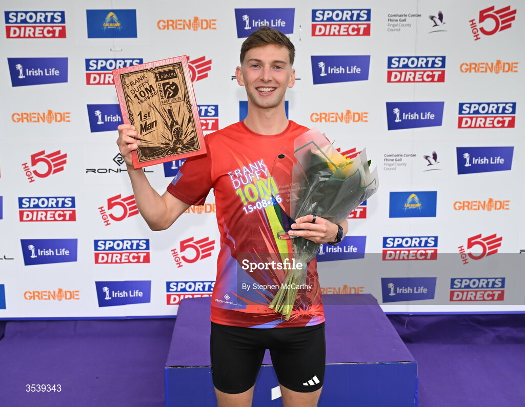 15 August 2026; Men's winner Cormac Dalton of Mullingar Harriers AC after the 2026 Irish Life Frank Duffy 10 Mile, in the Phoenix Park, Dublin. Thousands of runners took part in the sold out Irish Life Frank Duffy 10 Mile, the second event in the 2026 Irish Life Dublin Race Series. Photo by Stephen McCarthy/Sportsfile