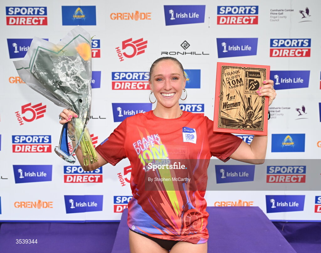 15 August 2026; Women's winner Maebh Brannigan of Galway City Harriers AC after the 2026 Irish Life Frank Duffy 10 Mile, in the Phoenix Park, Dublin. Thousands of runners took part in the sold out Irish Life Frank Duffy 10 Mile, the second event in the 2026 Irish Life Dublin Race Series. Photo by Stephen McCarthy/Sportsfile