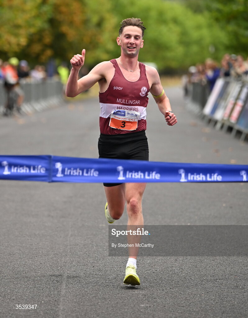 15 August 2026; Cormac Dalton of Mullingar Harriers AC approaches the finish line to win the 2026 Irish Life Frank Duffy 10 Mile, in the Phoenix Park, Dublin. Thousands of runners took part in the sold out Irish Life Frank Duffy 10 Mile, the second event in the 2026 Irish Life Dublin Race Series. Photo by Stephen McCarthy/Sportsfile