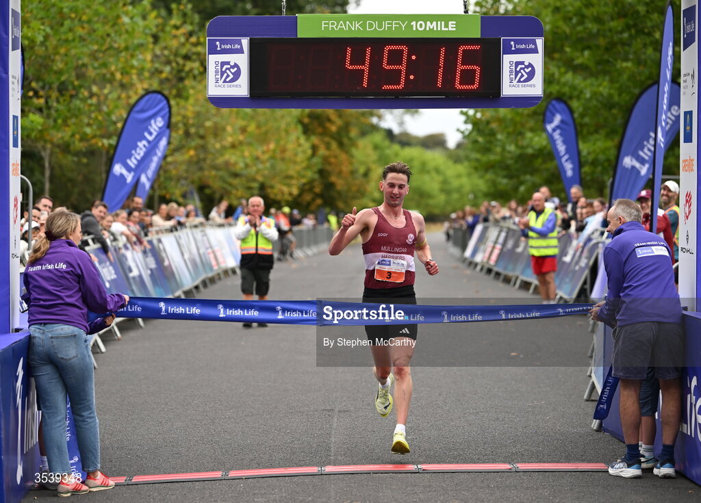 15 August 2026; Cormac Dalton of Mullingar Harriers AC approaches the finish line to win the 2026 Irish Life Frank Duffy 10 Mile, in the Phoenix Park, Dublin. Thousands of runners took part in the sold out Irish Life Frank Duffy 10 Mile, the second event in the 2026 Irish Life Dublin Race Series. Photo by Stephen McCarthy/Sportsfile