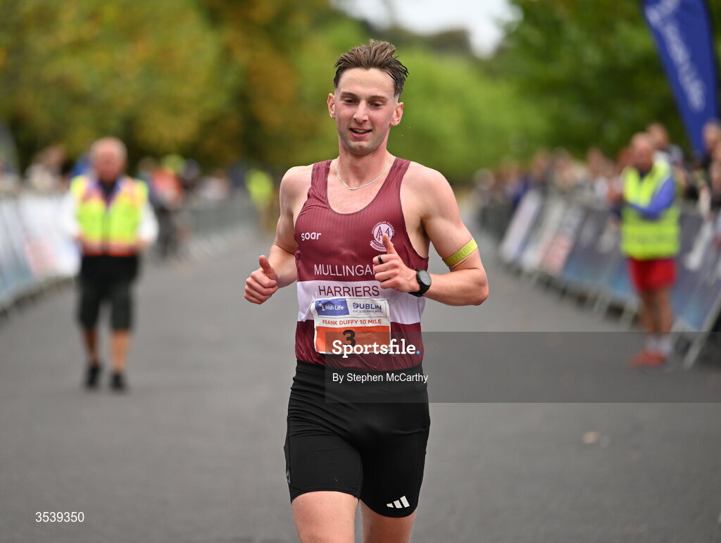 15 August 2026; Cormac Dalton of Mullingar Harriers AC crosses the finish line to win the 2026 Irish Life Frank Duffy 10 Mile, in the Phoenix Park, Dublin. Thousands of runners took part in the sold out Irish Life Frank Duffy 10 Mile, the second event in the 2026 Irish Life Dublin Race Series. Photo by Stephen McCarthy/Sportsfile