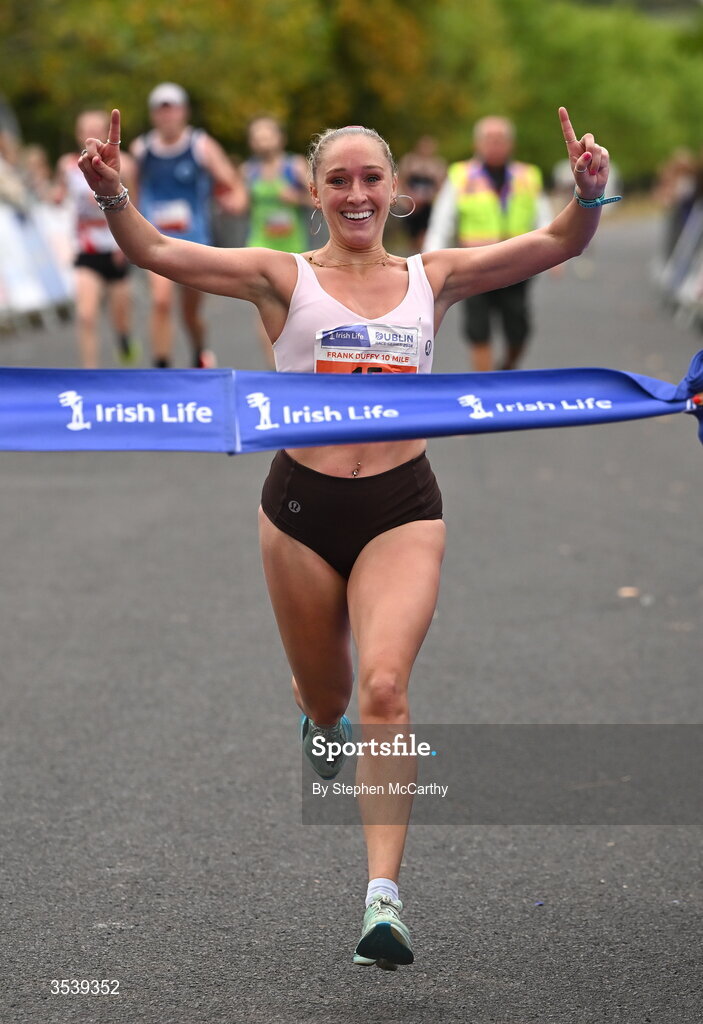 15 August 2026; Maebh Brannigan of Galway City Harriers AC approaches the finish line to win the 2026 Irish Life Frank Duffy 10 Mile, in the Phoenix Park, Dublin. Thousands of runners took part in the sold out Irish Life Frank Duffy 10 Mile, the second event in the 2026 Irish Life Dublin Race Series. Photo by Stephen McCarthy/Sportsfile