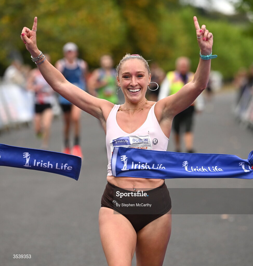 15 August 2026; Maebh Brannigan of Galway City Harriers AC crosses the finish line to win the 2026 Irish Life Frank Duffy 10 Mile, in the Phoenix Park, Dublin. Thousands of runners took part in the sold out Irish Life Frank Duffy 10 Mile, the second event in the 2026 Irish Life Dublin Race Series. Photo by Stephen McCarthy/Sportsfile