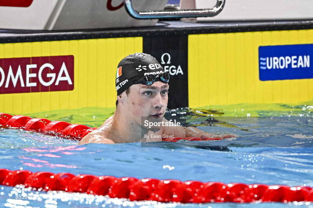 15 August 2026; Matthew Hamilton of Ireland after competing in the Men’s 50m Freestyle during day six of the 2026 European Aquatics Championships in Paris, France. Photo by Ewan Gavet/Sportsfile