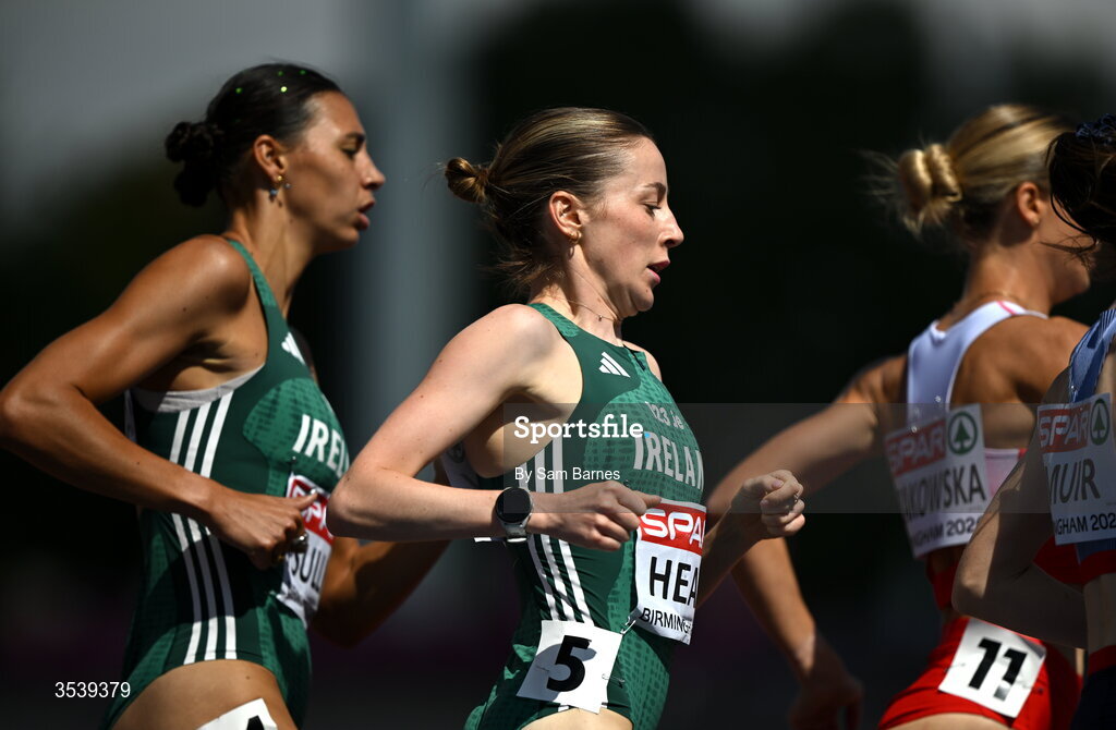 15 August 2026; Sarah Healy, left, and Sophie O’Sullivan of Ireland compete in round 1 of the women's 1500m during day six of the European Athletics Championships 2026 at Alexander Stadium in Birmingham, England. Photo by Sam Barnes/Sportsfile