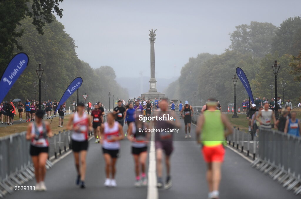 15 August 2026; Athletes warm-up with the Phoenix Monument in the background before the start of the 2026 Irish Life Frank Duffy 10 Mile, in the Phoenix Park, Dublin. Thousands of runners took part in the sold out Irish Life Frank Duffy 10 Mile, the second event in the 2026 Irish Life Dublin Race Series. Photo by Stephen McCarthy/Sportsfile