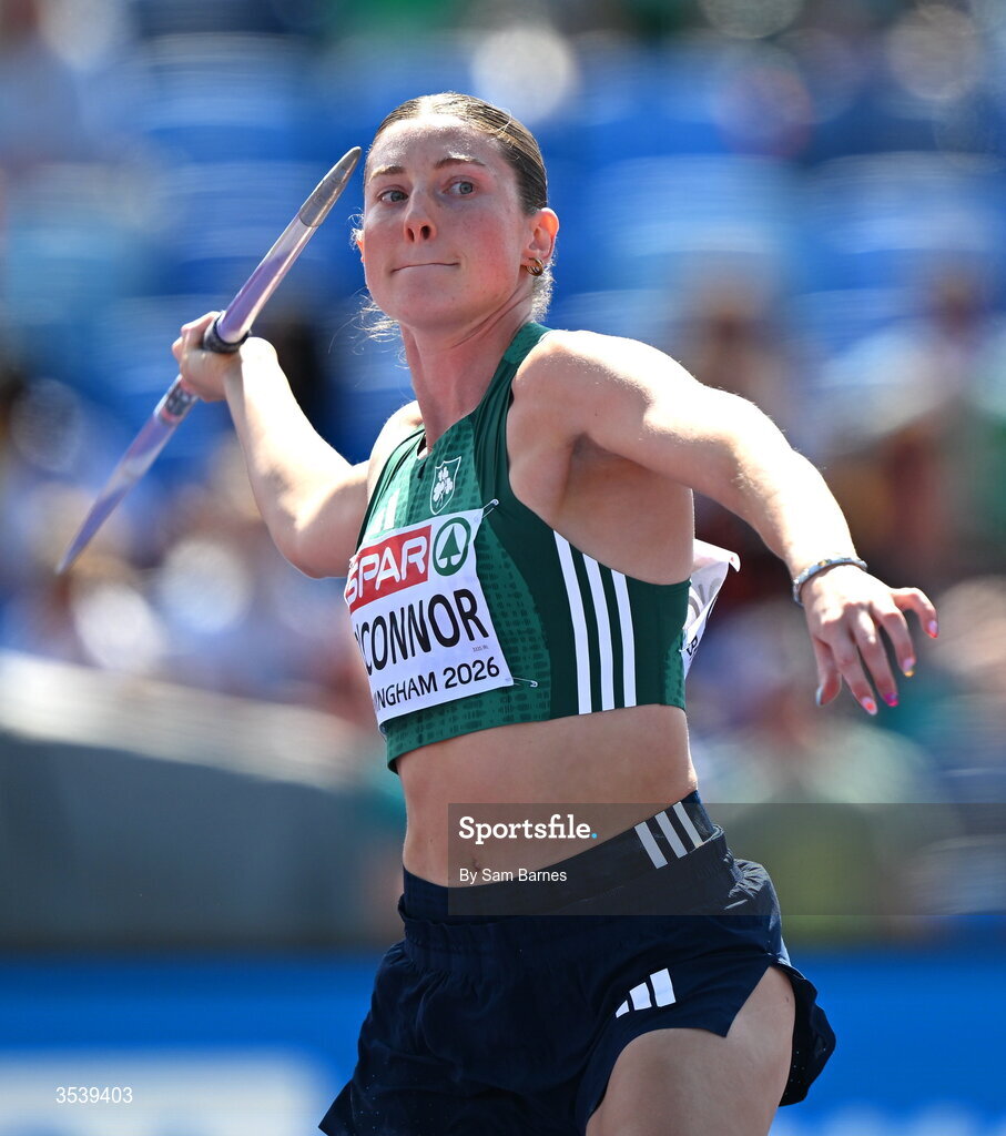 15 August 2026; Kate O’Connor of Ireland competes in the javelin event of the women’s heptathlon during day six of the European Athletics Championships 2026 at Alexander Stadium in Birmingham, England. Photo by Sam Barnes/Sportsfile