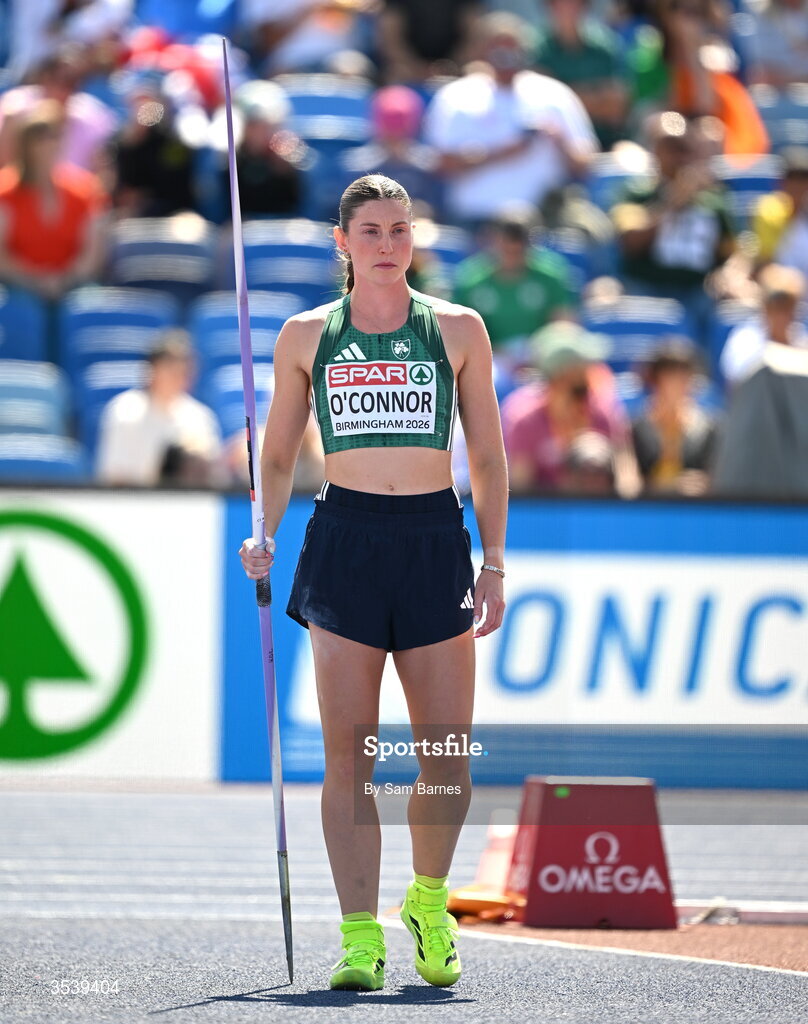 15 August 2026; Kate O’Connor of Ireland competes in the javelin event of the women’s heptathlon during day six of the European Athletics Championships 2026 at Alexander Stadium in Birmingham, England. Photo by Sam Barnes/Sportsfile