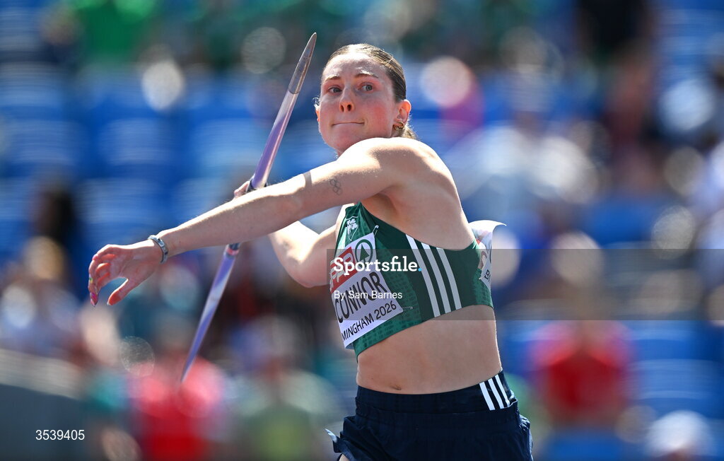 15 August 2026; Kate O’Connor of Ireland competes in the javelin event of the women’s heptathlon during day six of the European Athletics Championships 2026 at Alexander Stadium in Birmingham, England. Photo by Sam Barnes/Sportsfile
