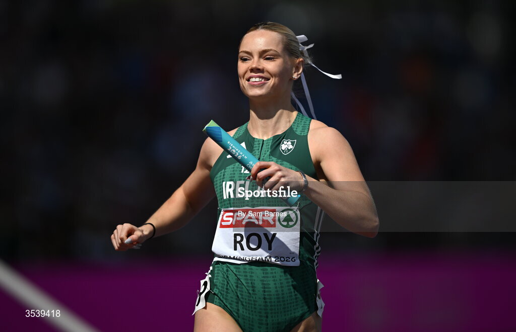 15 August 2026; Lauren Roy of Ireland competes in round 1 of the women's 4x100m relay event during day six of the European Athletics Championships 2026 at Alexander Stadium in Birmingham, England. Photo by Sam Barnes/Sportsfile
