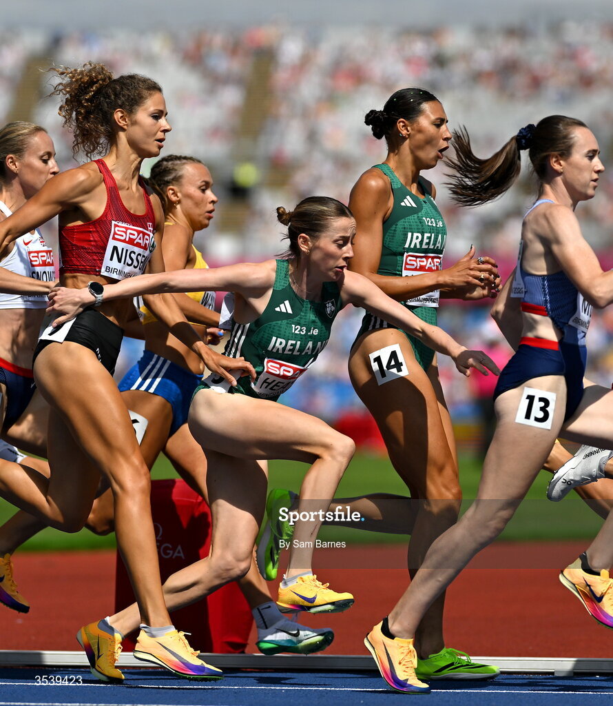 15 August 2026; Sarah Healy, left, and Sophie O’Sullivan of Ireland competes in round 1 of the women's 1500m during day six of the European Athletics Championships 2026 at Alexander Stadium in Birmingham, England. Photo by Sam Barnes/Sportsfile