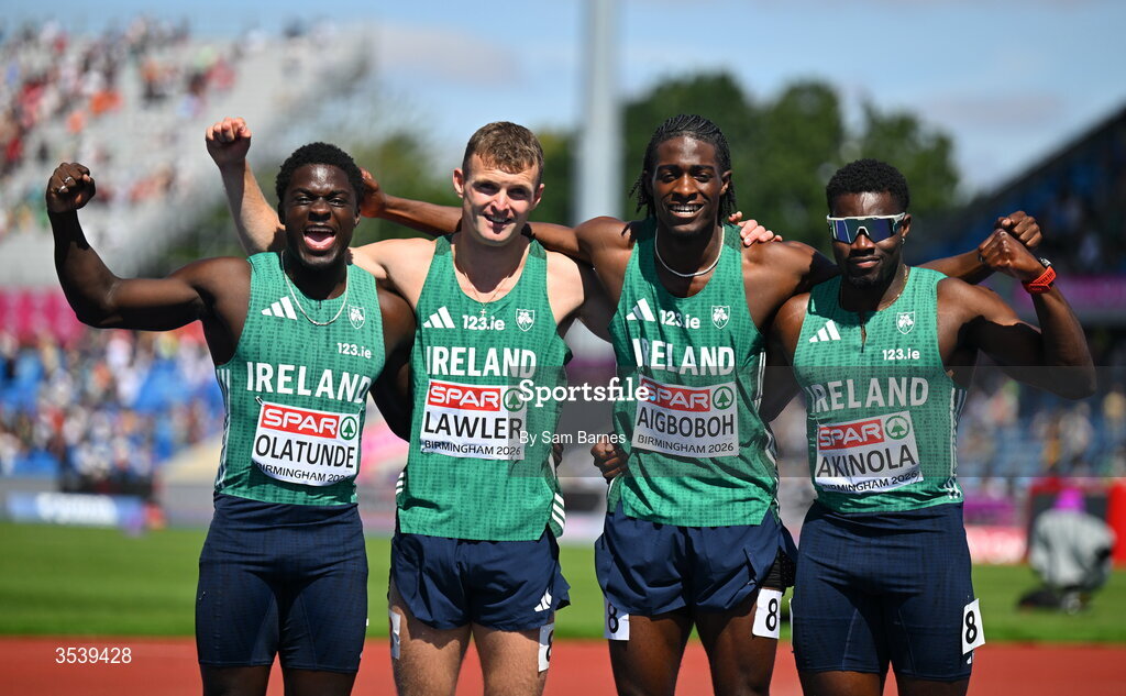 15 August 2026; The Ireland men's 4x100m relay team, from left, Israel Olatunde, Marcus Lawler,  Sean Aigboboh and Bori Akinola during day six of the European Athletics Championships 2026 at Alexander Stadium in Birmingham, England. Photo by Sam Barnes/Sportsfile