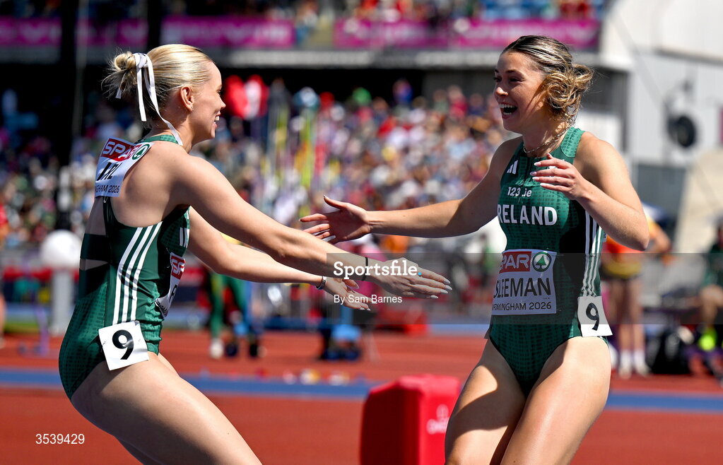 15 August 2026; Lauren Roy, left, and Lucy-May Sleeman of Ireland after round 1 of the women's 4x100m relay event during day six of the European Athletics Championships 2026 at Alexander Stadium in Birmingham, England. Photo by Sam Barnes/Sportsfile