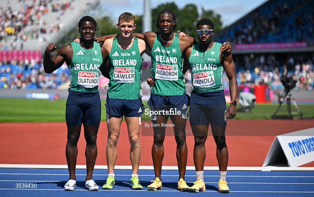 15 August 2026; The Ireland men's 4x100m relay team, from left, Israel Olatunde, Marcus Lawler,  Sean Aigboboh and Bori Akinola during day six of the European Athletics Championships 2026 at Alexander Stadium in Birmingham, England. Photo by Sam Barnes/Sportsfile Photo by Sam Barnes/Sportsfile