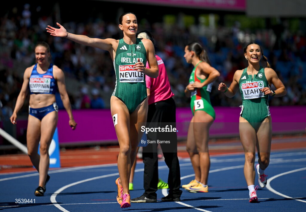 15 August 2026; Ciara Neville of Ireland celebrates after round 1 of the women's 4x100m relay event during day six of the European Athletics Championships 2026 at Alexander Stadium in Birmingham, England. Photo by Sam Barnes/Sportsfile