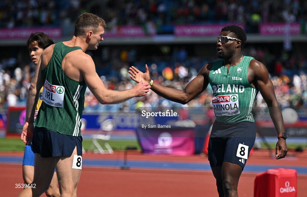 15 August 2026; Marcus Lawler, left, and Bori Akinola of Ireland competes in the men’s 100m after round 1 of the men's 4x100m relay event during day six of the European Athletics Championships 2026 at Alexander Stadium in Birmingham, England. Photo by Sam Barnes/Sportsfile