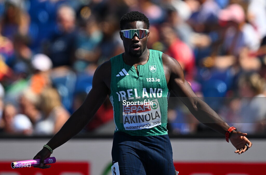 15 August 2026; Bori Akinola of Ireland competes in round 1 of the men's 4x100m relay event during day six of the European Athletics Championships 2026 at Alexander Stadium in Birmingham, England. Photo by Sam Barnes/Sportsfile