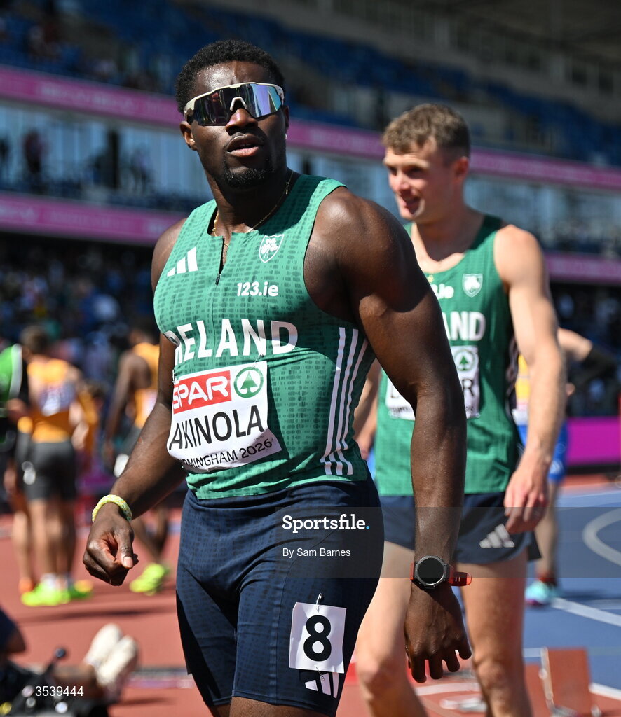 15 August 2026; Bori Akinola of Ireland after competing in round 1 of the men's 4x100m relay event during day six of the European Athletics Championships 2026 at Alexander Stadium in Birmingham, England. Photo by Sam Barnes/Sportsfile