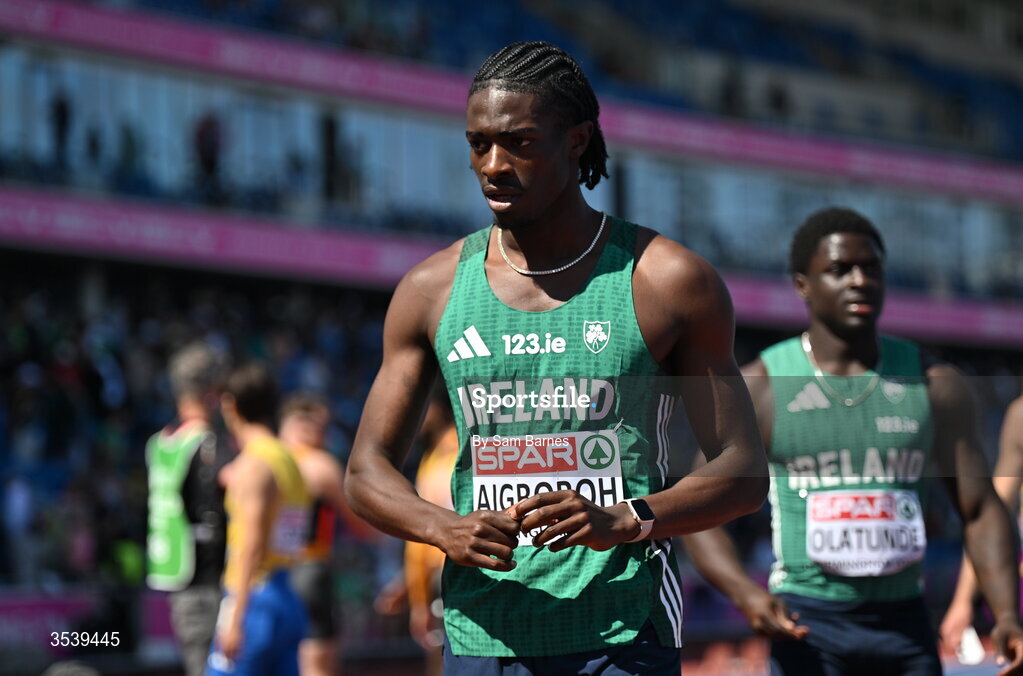 15 August 2026; Sean Aigboboh of Ireland after competing in round 1 of the men's 4x100m relay event during day six of the European Athletics Championships 2026 at Alexander Stadium in Birmingham, England. Photo by Sam Barnes/Sportsfile