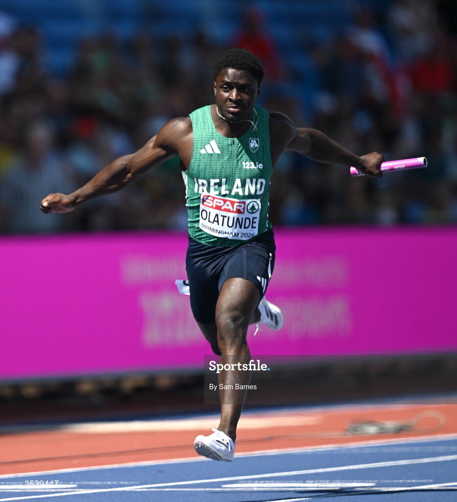 15 August 2026; Israel Olatunde of Ireland competes in round 1 of the men's 4x100m relay event during day six of the European Athletics Championships 2026 at Alexander Stadium in Birmingham, England. Photo by Sam Barnes/Sportsfile