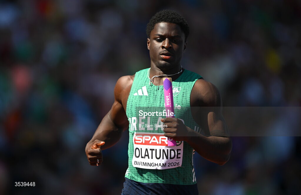 15 August 2026; Israel Olatunde of Ireland competes in round 1 of the men's 4x100m relay event during day six of the European Athletics Championships 2026 at Alexander Stadium in Birmingham, England. Photo by Sam Barnes/Sportsfile