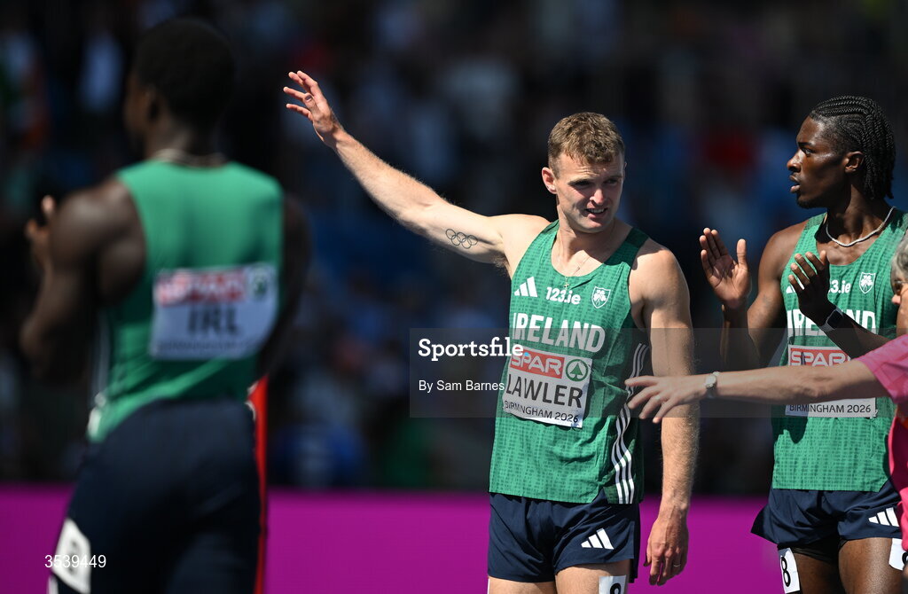 15 August 2026; Marcus Lawler of Ireland after competing in round 1 of the men's 4x100m relay event during day six of the European Athletics Championships 2026 at Alexander Stadium in Birmingham, England. Photo by Sam Barnes/Sportsfile