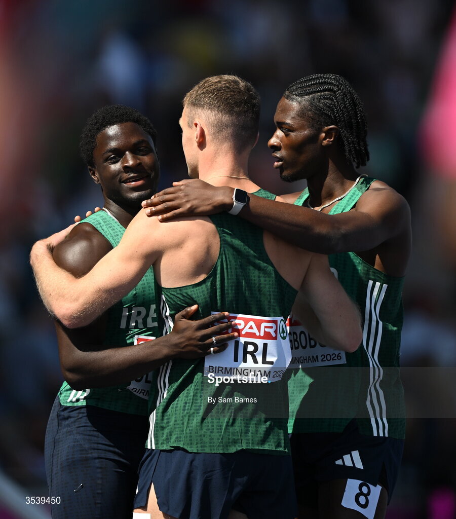 15 August 2026; Israel Olatunde, left, Marcus Lawler, centre, and Sean Aigboboh of Ireland after competing in round 1 of the men's 4x100m relay event during day six of the European Athletics Championships 2026 at Alexander Stadium in Birmingham, England. Photo by Sam Barnes/Sportsfile