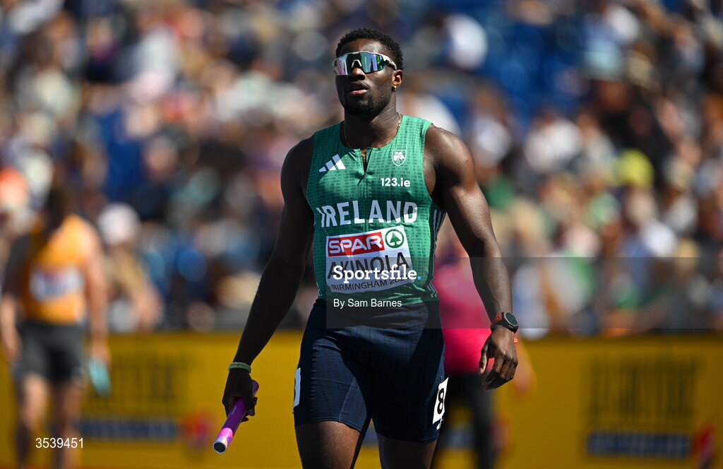 15 August 2026; Bori Akinola of Ireland competes in round 1 of the men's 4x100m relay event during day six of the European Athletics Championships 2026 at Alexander Stadium in Birmingham, England. Photo by Sam Barnes/Sportsfile