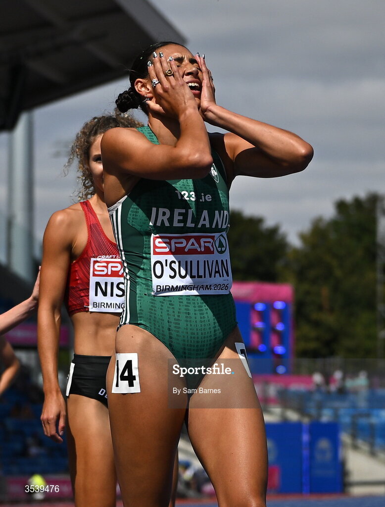 15 August 2026; Sophie O’Sullivan of Ireland reacts after round 1 of the women's 1500m during day six of the European Athletics Championships 2026 at Alexander Stadium in Birmingham, England. Photo by Sam Barnes/Sportsfile