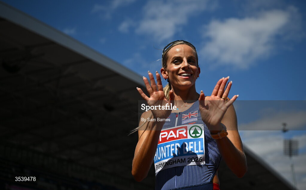 15 August 2026; Georgia Hunter-Bell of Great Britain and Northern Ireland after round 1 of the women's 1500m during day six of the European Athletics Championships 2026 at Alexander Stadium in Birmingham, England. Photo by Sam Barnes/Sportsfile