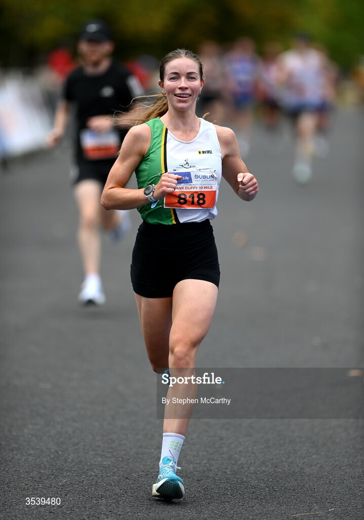 15 August 2026; Sarah Diamond of Kilcoole AC on her way to taking second place in the 2026 Irish Life Frank Duffy 10 Mile, in the Phoenix Park, Dublin. Thousands of runners took part in the sold out Irish Life Frank Duffy 10 Mile, the second event in the 2026 Irish Life Dublin Race Series. Photo by Stephen McCarthy/Sportsfile