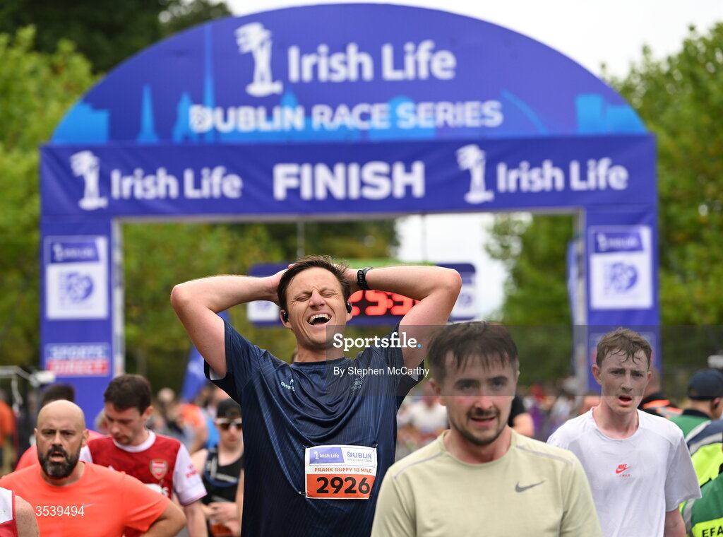 15 August 2026; Emmet Bollard from Wicklow after finishing the 2026 Irish Life Frank Duffy 10 Mile, in the Phoenix Park, Dublin. Thousands of runners took part in the sold out Irish Life Frank Duffy 10 Mile, the second event in the 2026 Irish Life Dublin Race Series. Photo by Stephen McCarthy/Sportsfile