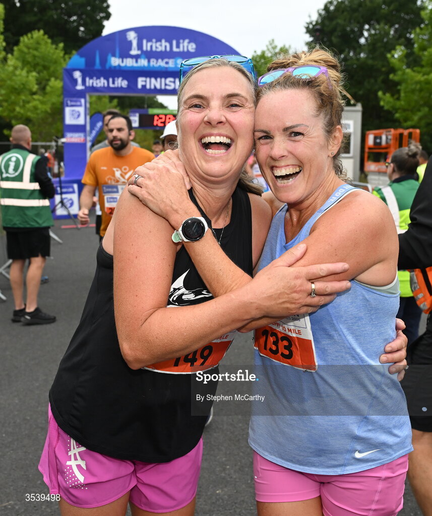15 August 2026; Sinead Turvey, left, and Shelley Wright, from Dublin, after finishing the 2026 Irish Life Frank Duffy 10 Mile, in the Phoenix Park, Dublin. Thousands of runners took part in the sold out Irish Life Frank Duffy 10 Mile, the second event in the 2026 Irish Life Dublin Race Series. Photo by Stephen McCarthy/Sportsfile