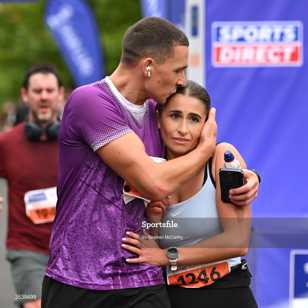 15 August 2026; Sean McManus and Gillian Carney, from Dublin, after finishing the 2026 Irish Life Frank Duffy 10 Mile, in the Phoenix Park, Dublin. Thousands of runners took part in the sold out Irish Life Frank Duffy 10 Mile, the second event in the 2026 Irish Life Dublin Race Series. Photo by Stephen McCarthy/Sportsfile