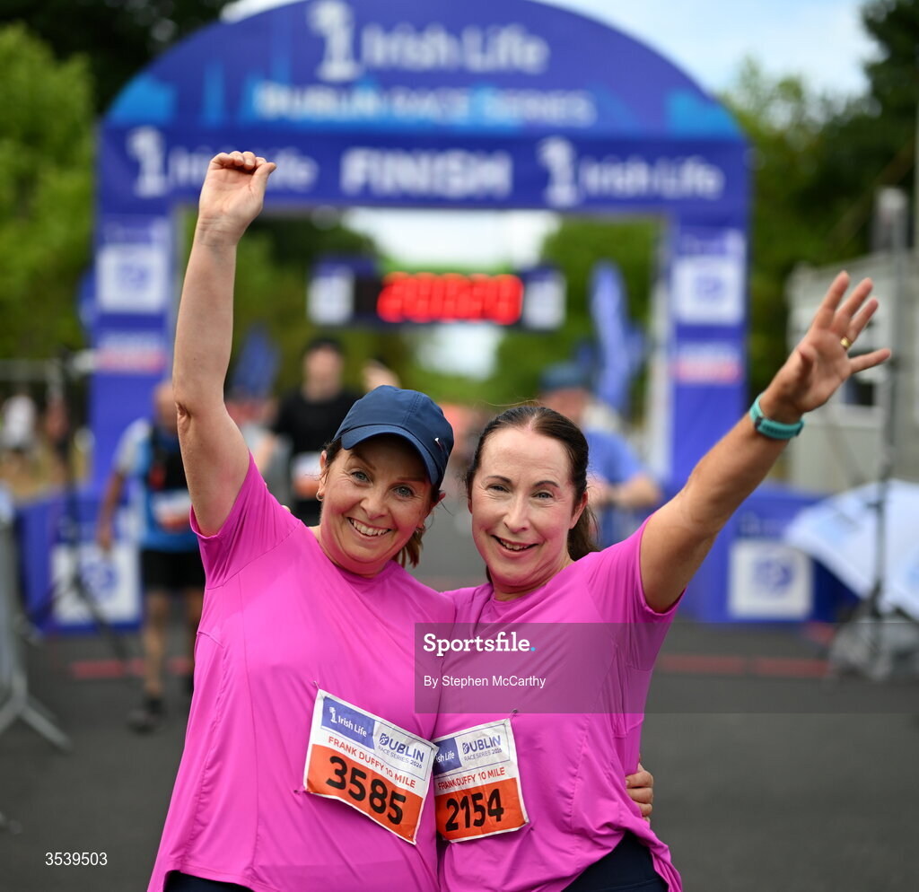 15 August 2026; Amanda Dunleavy, left, and Joan Turley, from Kildare, celebrate after finishing the 2026 Irish Life Frank Duffy 10 Mile, in the Phoenix Park, Dublin. Thousands of runners took part in the sold out Irish Life Frank Duffy 10 Mile, the second event in the 2026 Irish Life Dublin Race Series. Photo by Stephen McCarthy/Sportsfile