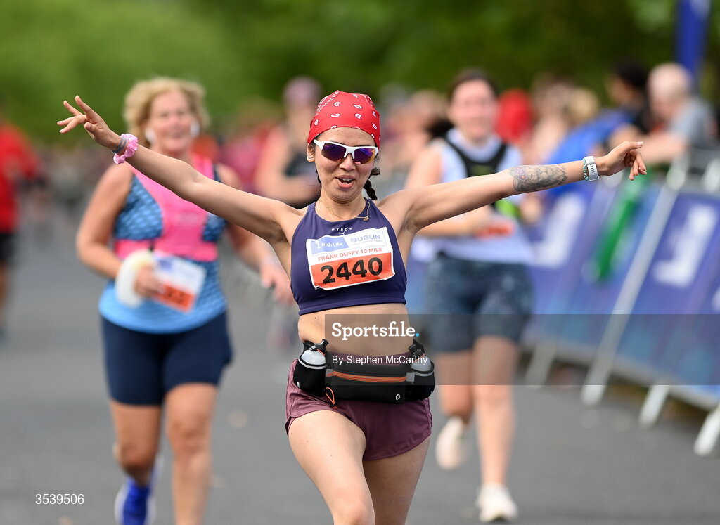 15 August 2026; Aakriti Neupane from Dublin celebrates approaching the finish line during the 2026 Irish Life Frank Duffy 10 Mile, in the Phoenix Park, Dublin. Thousands of runners took part in the sold out Irish Life Frank Duffy 10 Mile, the second event in the 2026 Irish Life Dublin Race Series. Photo by Stephen McCarthy/Sportsfile
