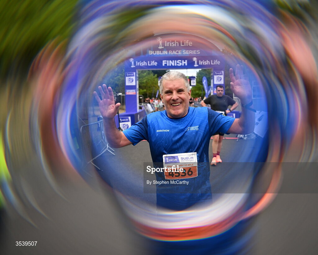 15 August 2026; (EDITORS NOTE: A special effects camera filter was used for this image.) Michael McKeown celebrates after the 2026 Irish Life Frank Duffy 10 Mile, in the Phoenix Park, Dublin. Thousands of runners took part in the sold out Irish Life Frank Duffy 10 Mile, the second event in the 2026 Irish Life Dublin Race Series. Photo by Stephen McCarthy/Sportsfile