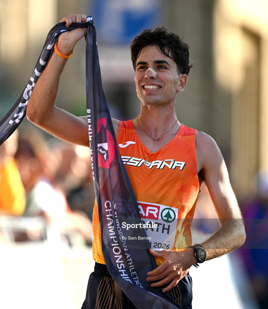 15 August 2026; Paul McGrath of Spain celebrates winning the men's half marathon race walk during day six of the European Athletics Championships 2026 in Birmingham, England. Photo by Sam Barnes/Sportsfile